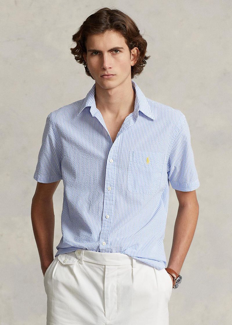 Camisas Polo Ralph Lauren Hombre Custom Fit Seersucker Chile Azules DMWGV-4078